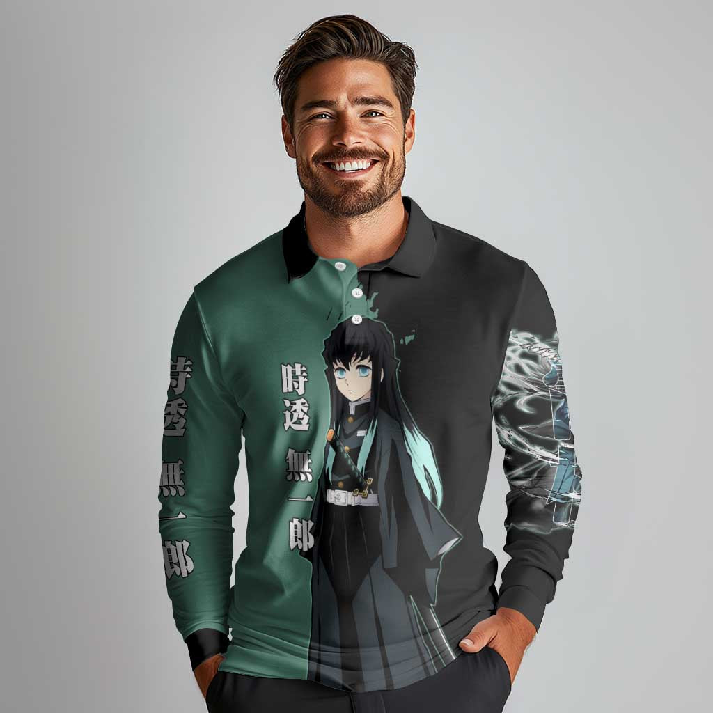 Muichiro Tokito from Demon Slayer Long Sleeve Polo Shirt with Green and Black Mist Background and Dual Character Manga Style Design - The Mazicc