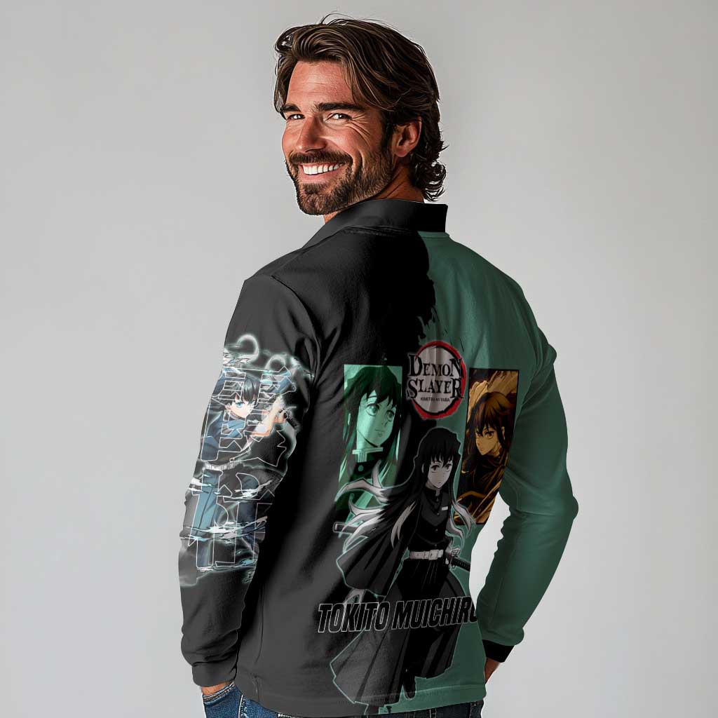 Muichiro Tokito from Demon Slayer Long Sleeve Polo Shirt with Green and Black Mist Background and Dual Character Manga Style Design - The Mazicc