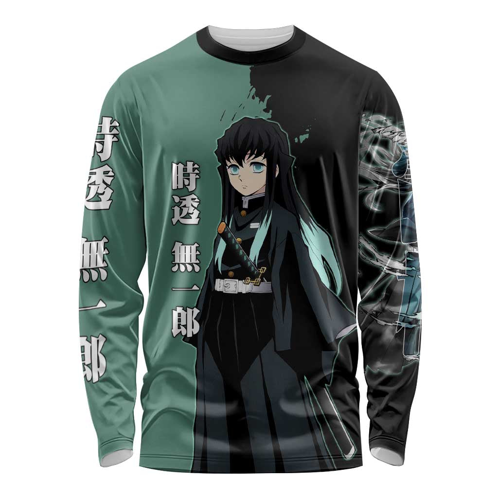 Muichiro Tokito from Demon Slayer Long Sleeve Shirt with Green and Black Mist Background and Dual Character Manga Style Design - The Mazicc