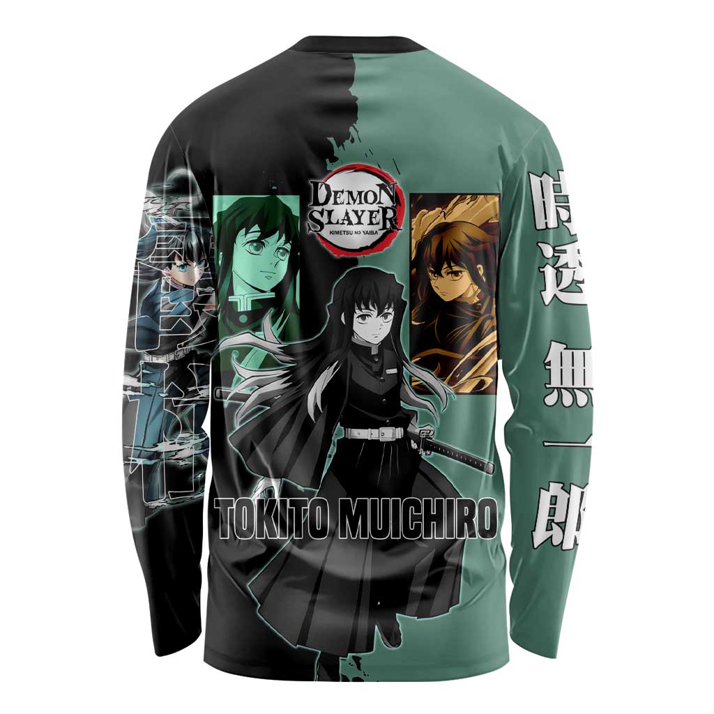 Muichiro Tokito from Demon Slayer Long Sleeve Shirt with Green and Black Mist Background and Dual Character Manga Style Design - The Mazicc