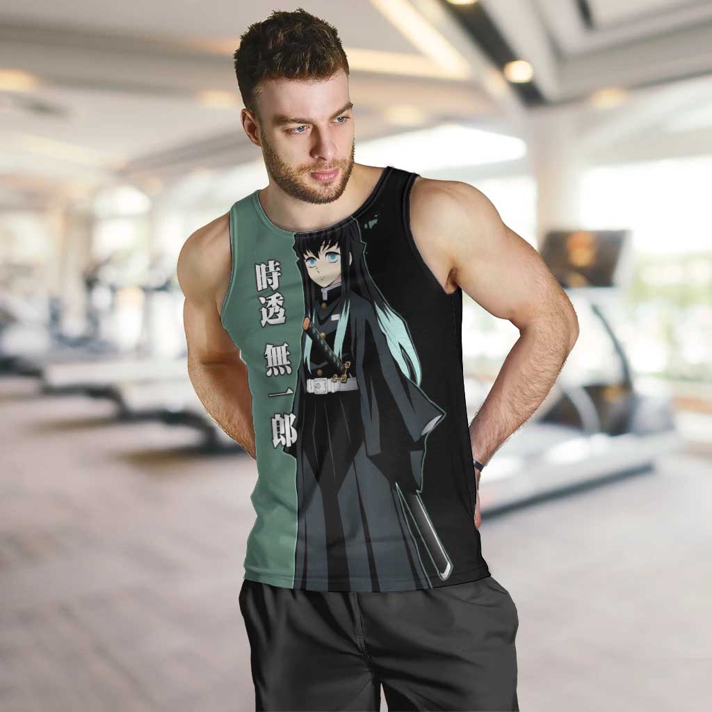 Muichiro Tokito from Demon Slayer Men Tank Top with Green and Black Mist Background and Dual Character Manga Style Design - The Mazicc
