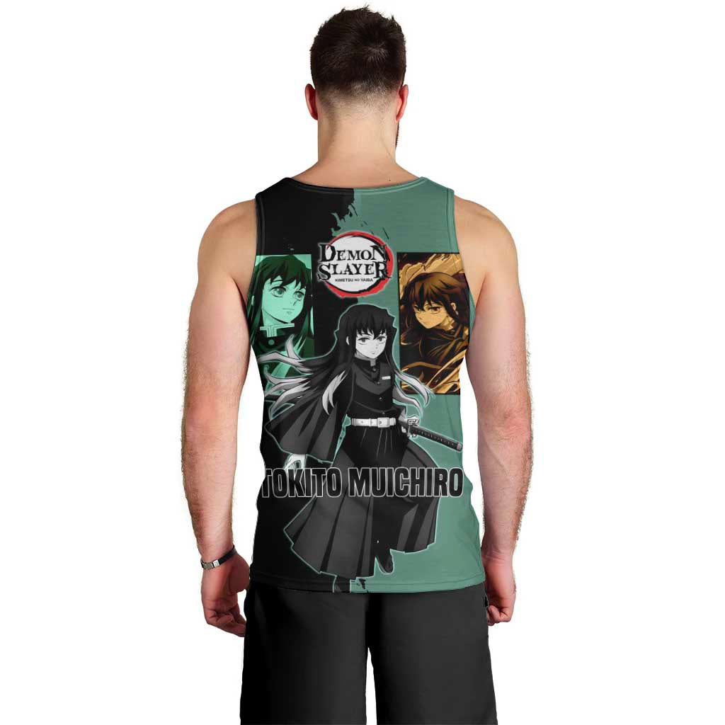 Muichiro Tokito from Demon Slayer Men Tank Top with Green and Black Mist Background and Dual Character Manga Style Design - The Mazicc