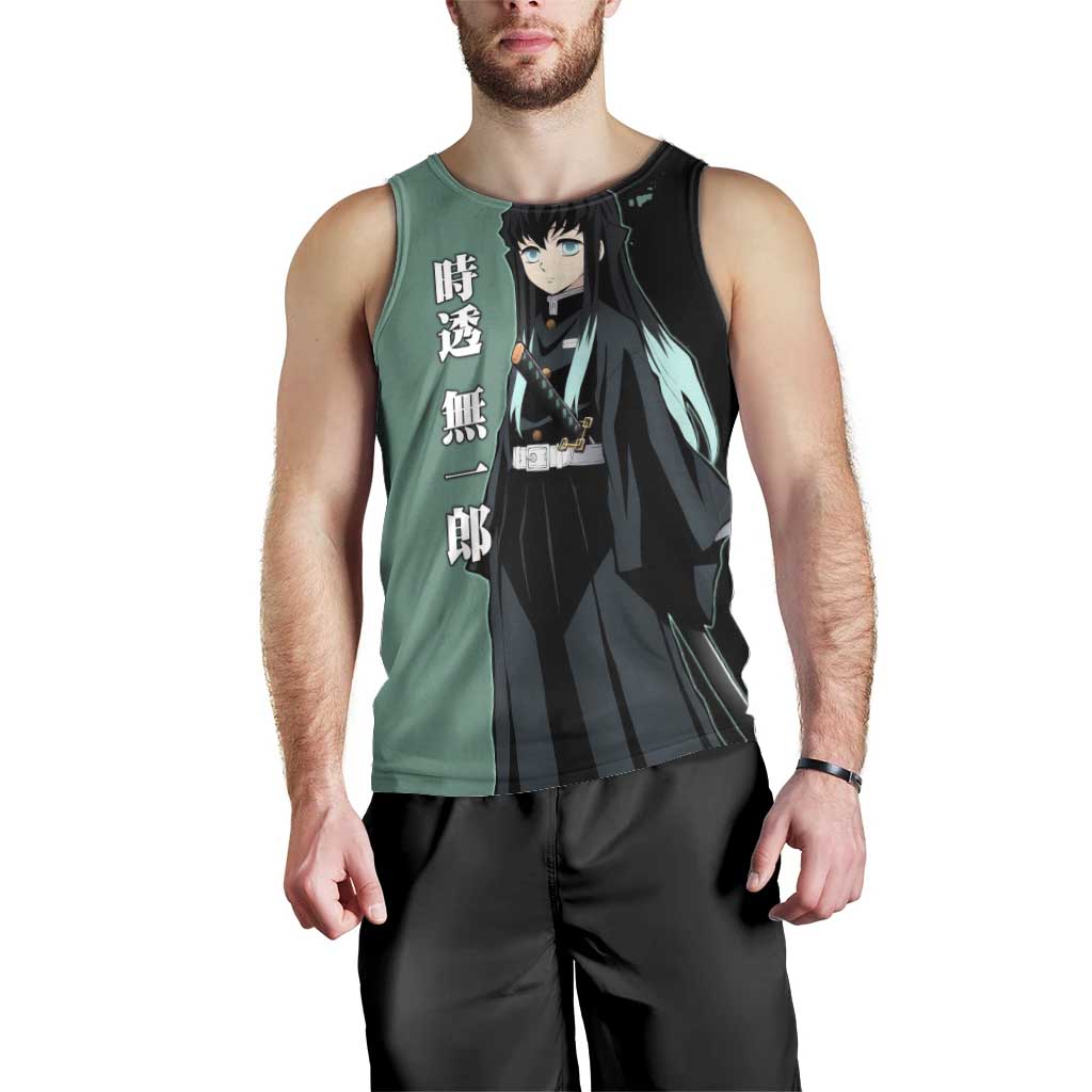 Muichiro Tokito from Demon Slayer Men Tank Top with Green and Black Mist Background and Dual Character Manga Style Design - The Mazicc