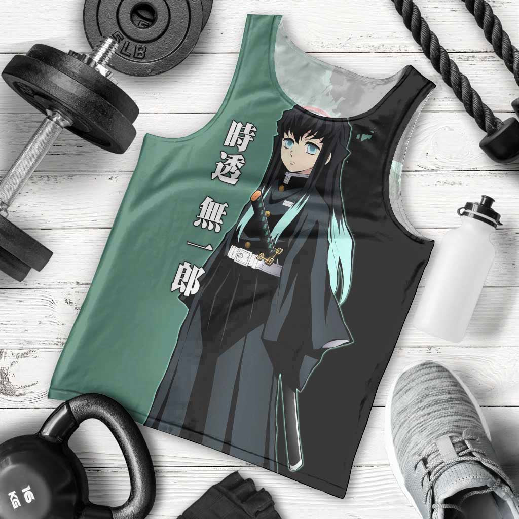 Muichiro Tokito from Demon Slayer Men Tank Top with Green and Black Mist Background and Dual Character Manga Style Design - The Mazicc