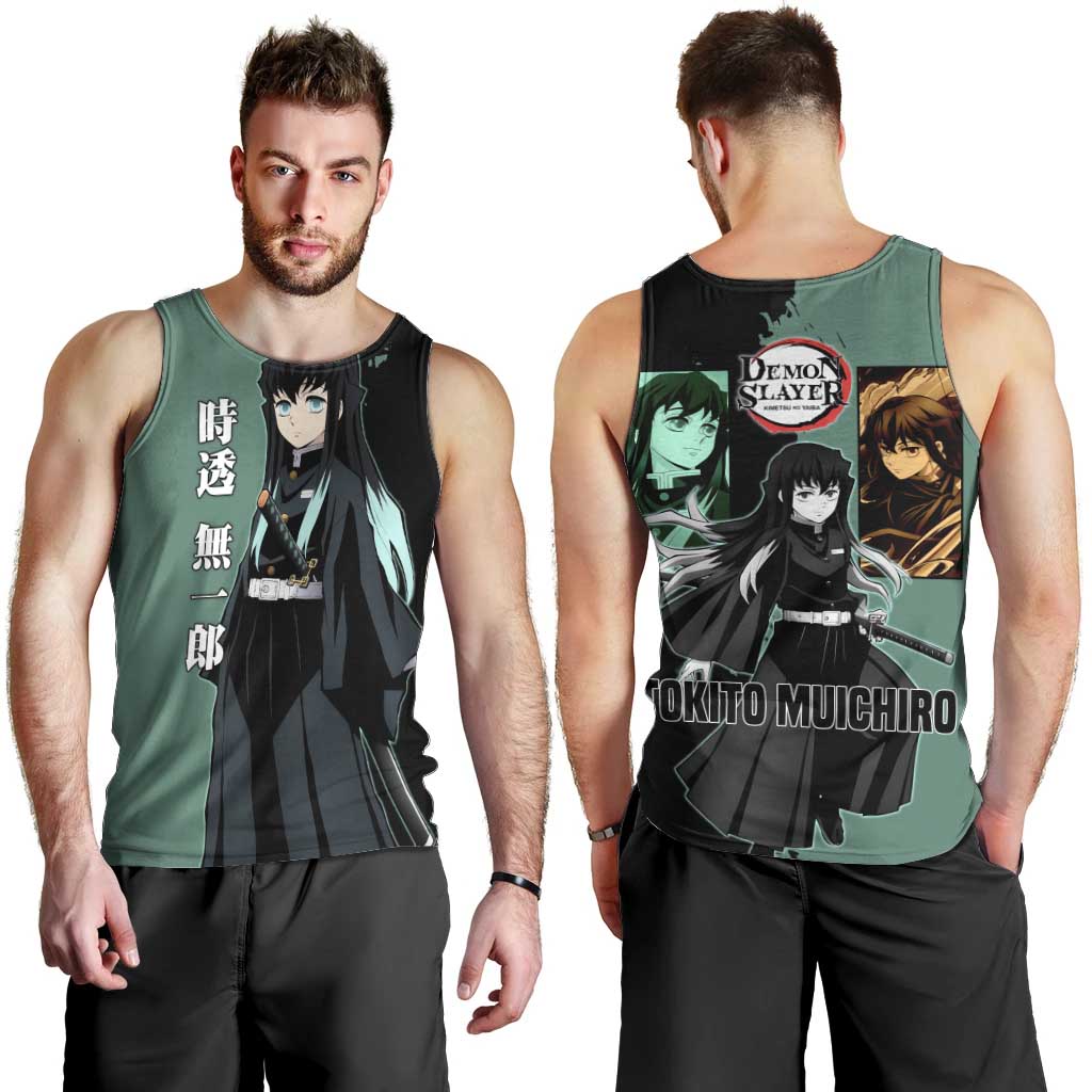 Muichiro Tokito from Demon Slayer Men Tank Top with Green and Black Mist Background and Dual Character Manga Style Design - The Mazicc
