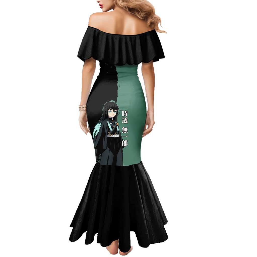 Muichiro Tokito from Demon Slayer Mermaid Dress with Green and Black Mist Background and Dual Character Manga Style Design - The Mazicc