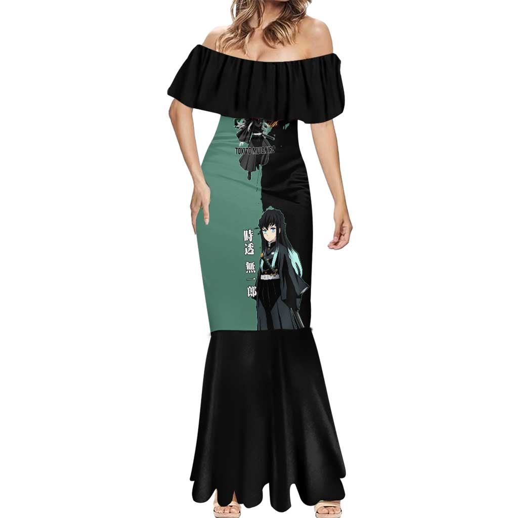 Muichiro Tokito from Demon Slayer Mermaid Dress with Green and Black Mist Background and Dual Character Manga Style Design - The Mazicc