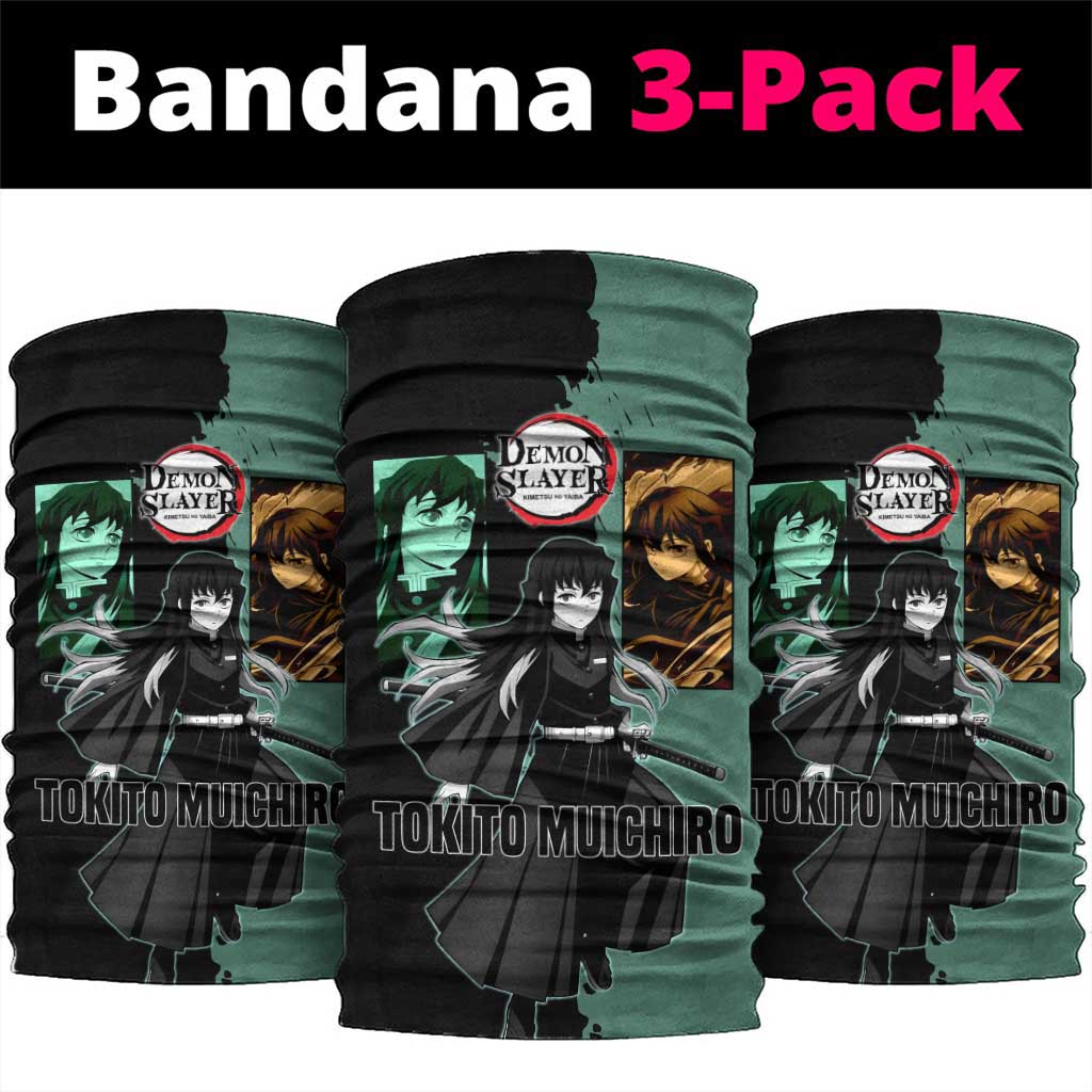 Muichiro Tokito from Demon Slayer Neck Gaiter with Green and Black Mist Background and Dual Character Manga Style Design - The Mazicc