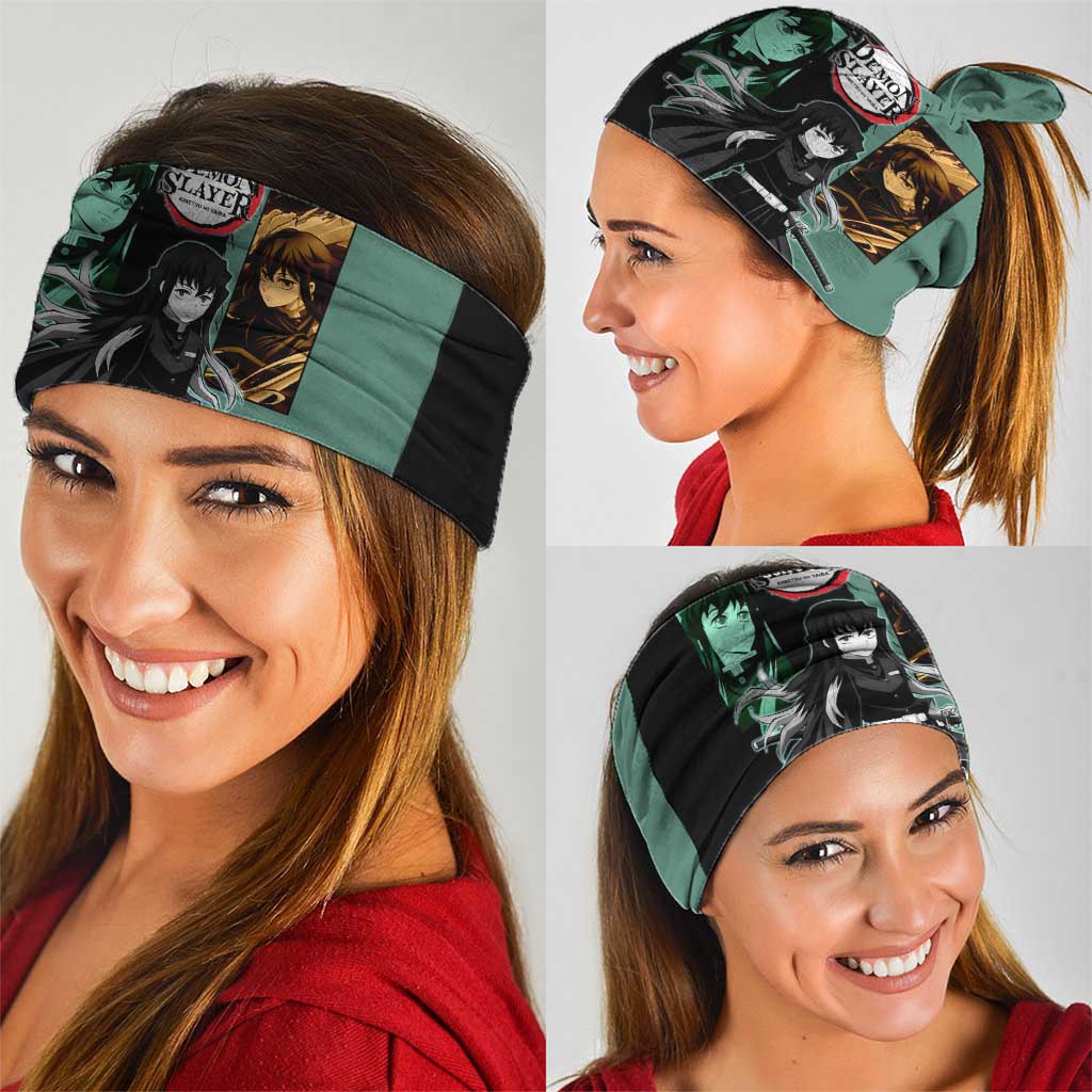 Muichiro Tokito from Demon Slayer Neck Gaiter with Green and Black Mist Background and Dual Character Manga Style Design - The Mazicc