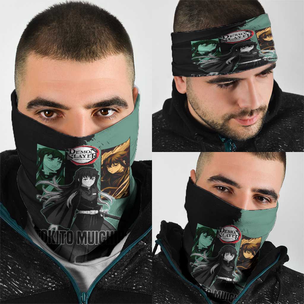Muichiro Tokito from Demon Slayer Neck Gaiter with Green and Black Mist Background and Dual Character Manga Style Design - The Mazicc