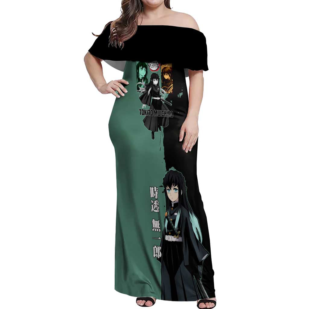 Muichiro Tokito from Demon Slayer Off Shoulder Maxi Dress with Green and Black Mist Background and Dual Character Manga Style Design - The Mazicc