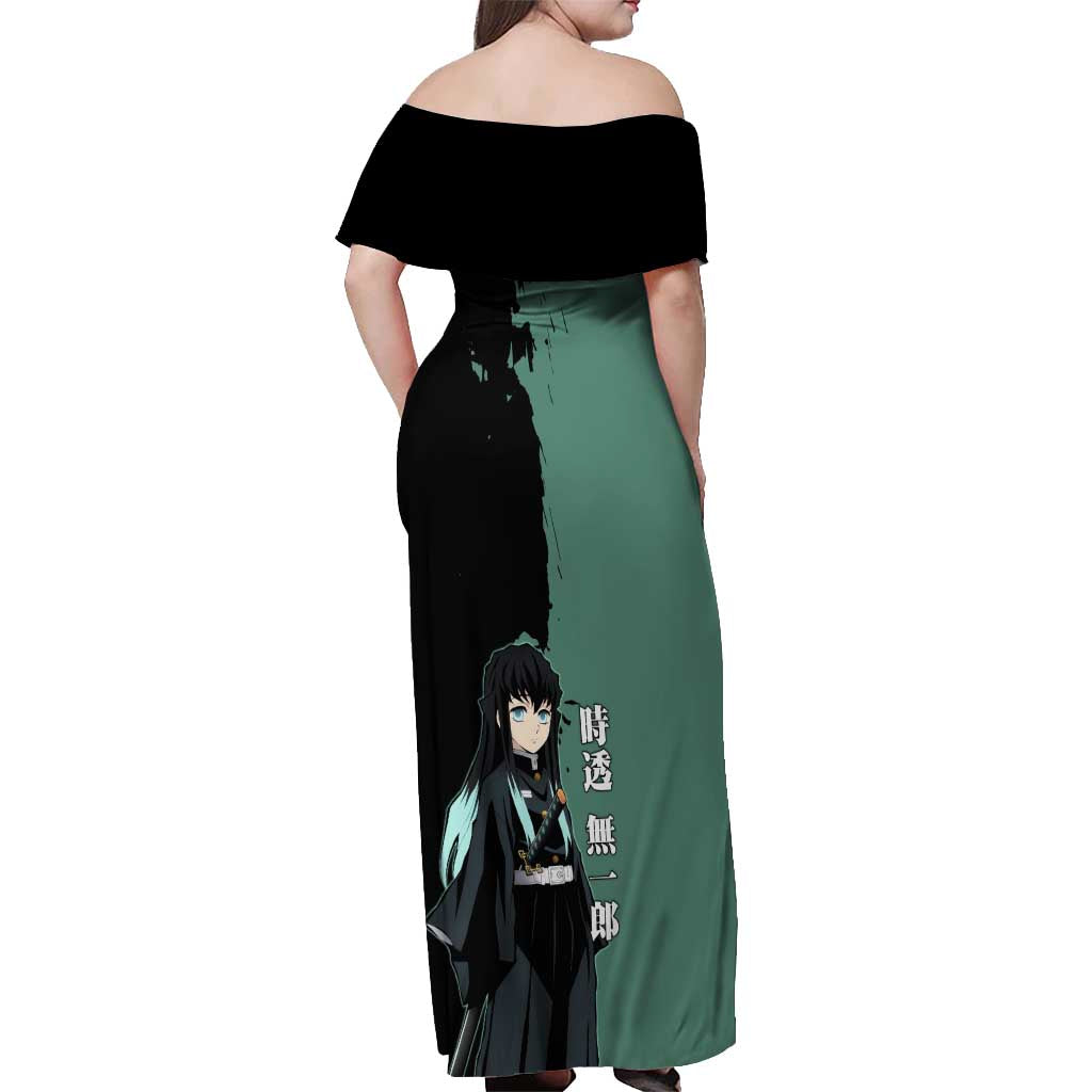 Muichiro Tokito from Demon Slayer Off Shoulder Maxi Dress with Green and Black Mist Background and Dual Character Manga Style Design - The Mazicc