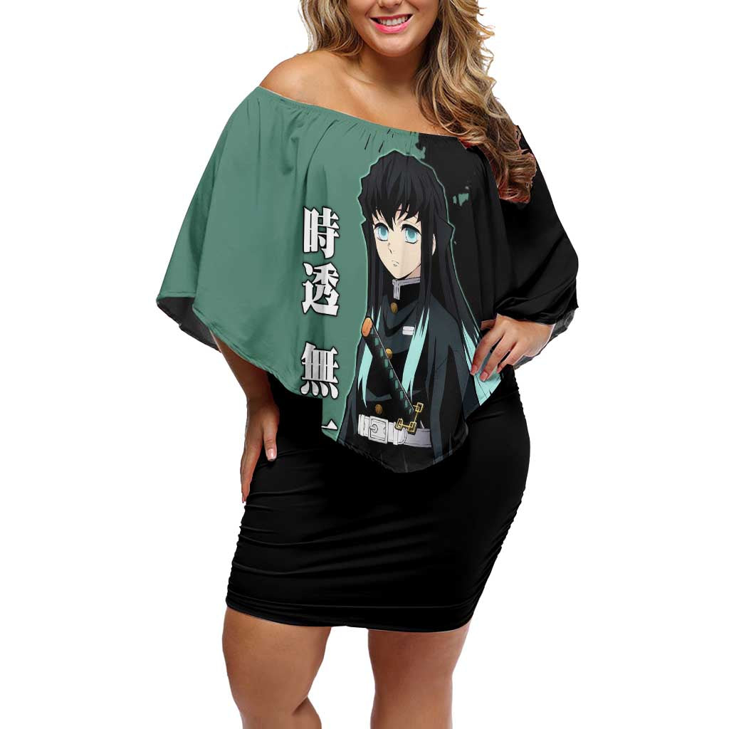 Muichiro Tokito from Demon Slayer Off Shoulder Short Dress with Green and Black Mist Background and Dual Character Manga Style Design - The Mazicc