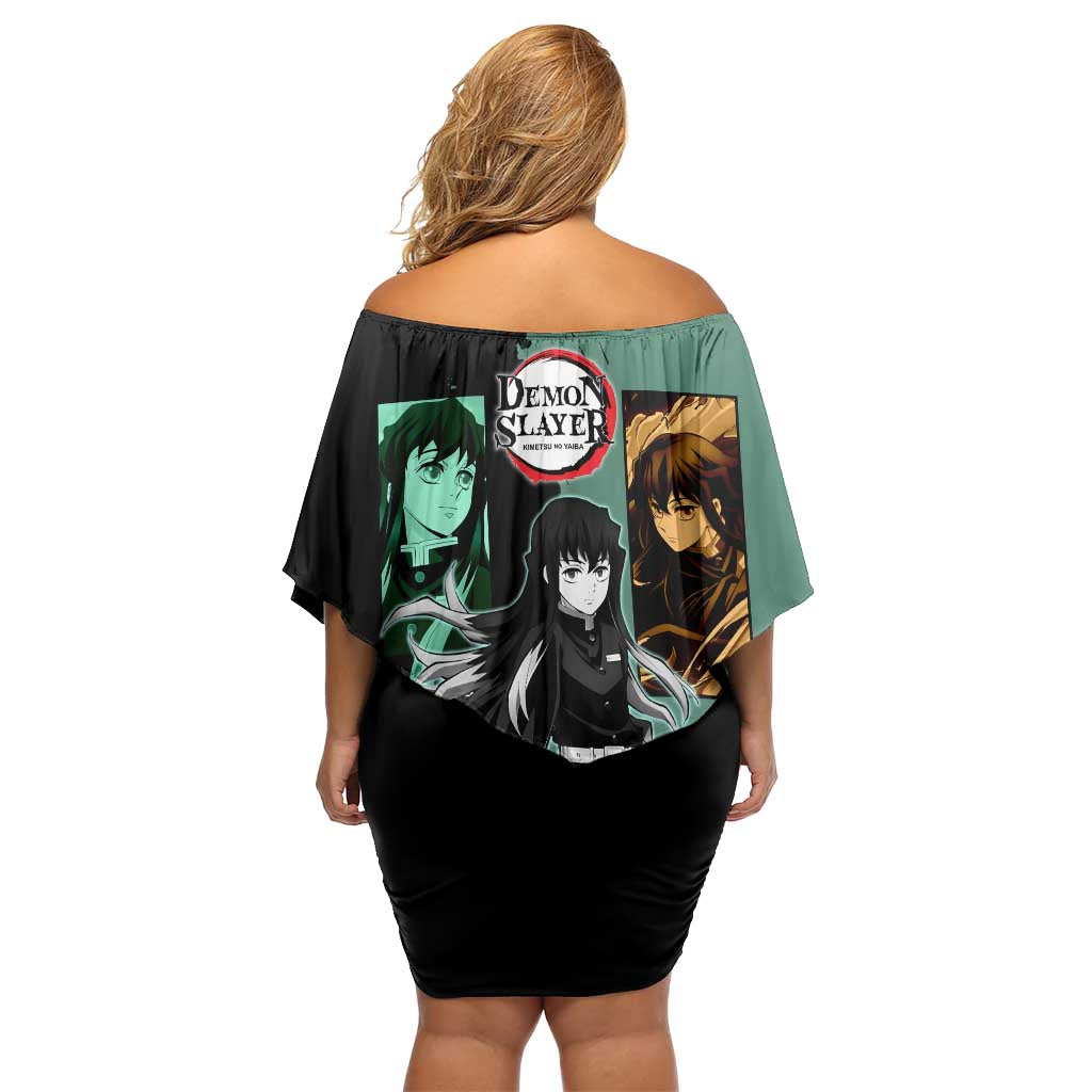 Muichiro Tokito from Demon Slayer Off Shoulder Short Dress with Green and Black Mist Background and Dual Character Manga Style Design - The Mazicc