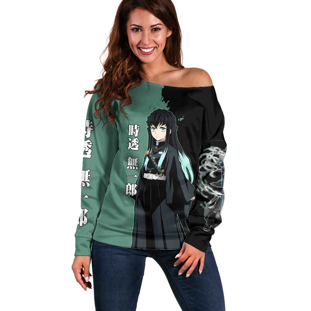 Muichiro Tokito from Demon Slayer Off Shoulder Sweater with Green and Black Mist Background and Dual Character Manga Style Design - The Mazicc