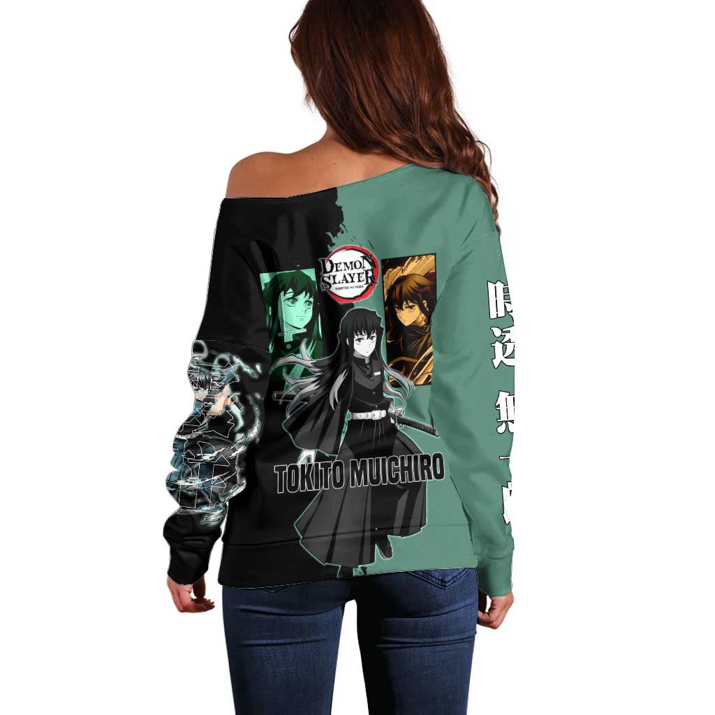 Muichiro Tokito from Demon Slayer Off Shoulder Sweater with Green and Black Mist Background and Dual Character Manga Style Design - The Mazicc