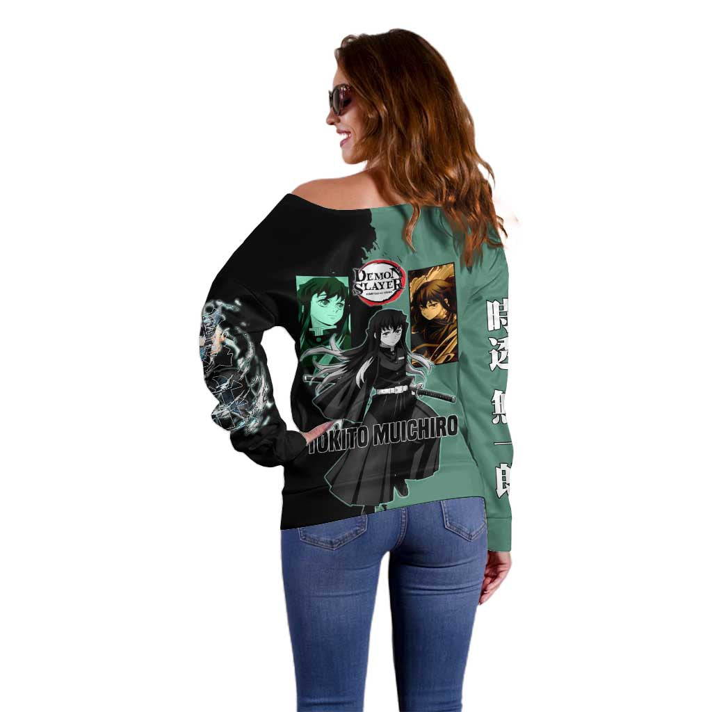 Muichiro Tokito from Demon Slayer Off Shoulder Sweater with Green and Black Mist Background and Dual Character Manga Style Design - The Mazicc