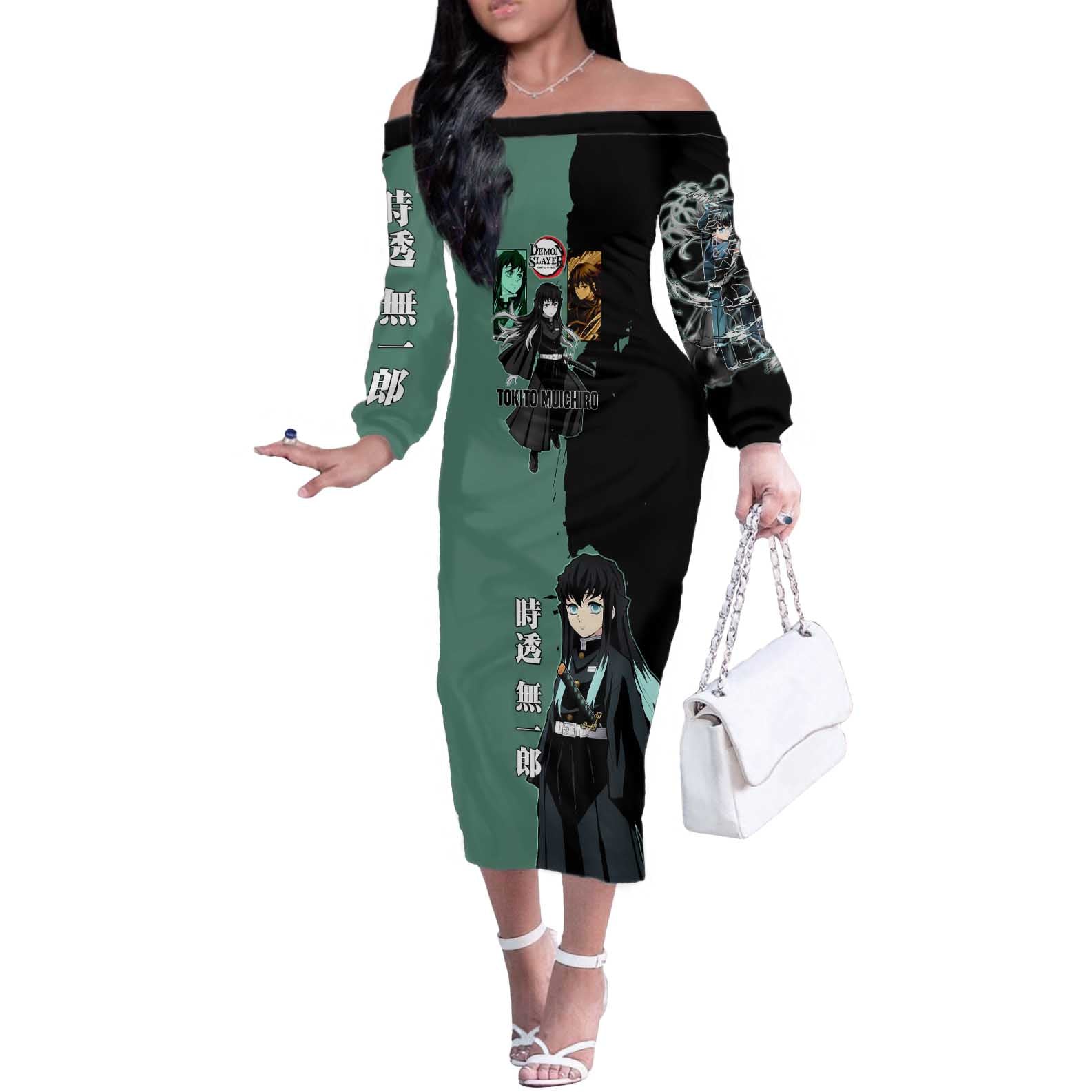 Muichiro Tokito from Demon Slayer Off The Shoulder Long Sleeve Dress with Green and Black Mist Background and Dual Character Manga Style Design - The Mazicc