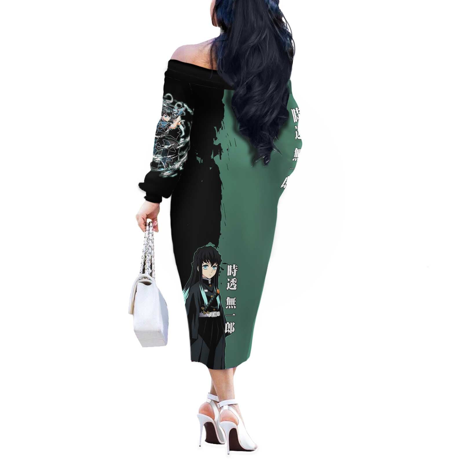 Muichiro Tokito from Demon Slayer Off The Shoulder Long Sleeve Dress with Green and Black Mist Background and Dual Character Manga Style Design - The Mazicc
