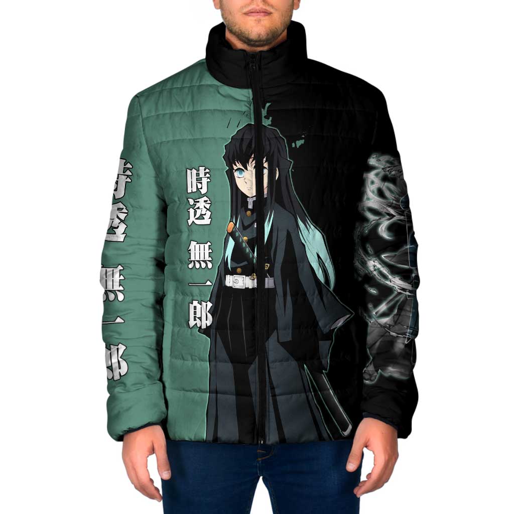 Muichiro Tokito from Demon Slayer Padded Jacket with Green and Black Mist Background and Dual Character Manga Style Design - The Mazicc