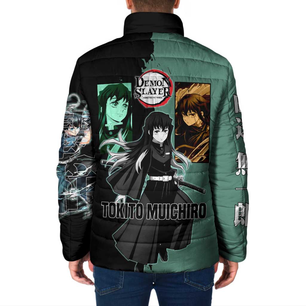 Muichiro Tokito from Demon Slayer Padded Jacket with Green and Black Mist Background and Dual Character Manga Style Design - The Mazicc