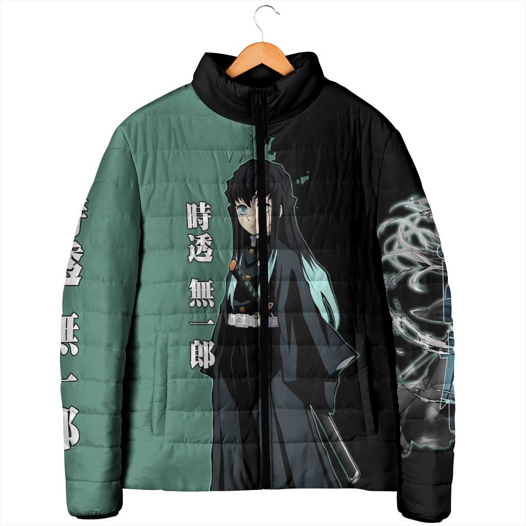 Muichiro Tokito from Demon Slayer Padded Jacket with Green and Black Mist Background and Dual Character Manga Style Design - The Mazicc