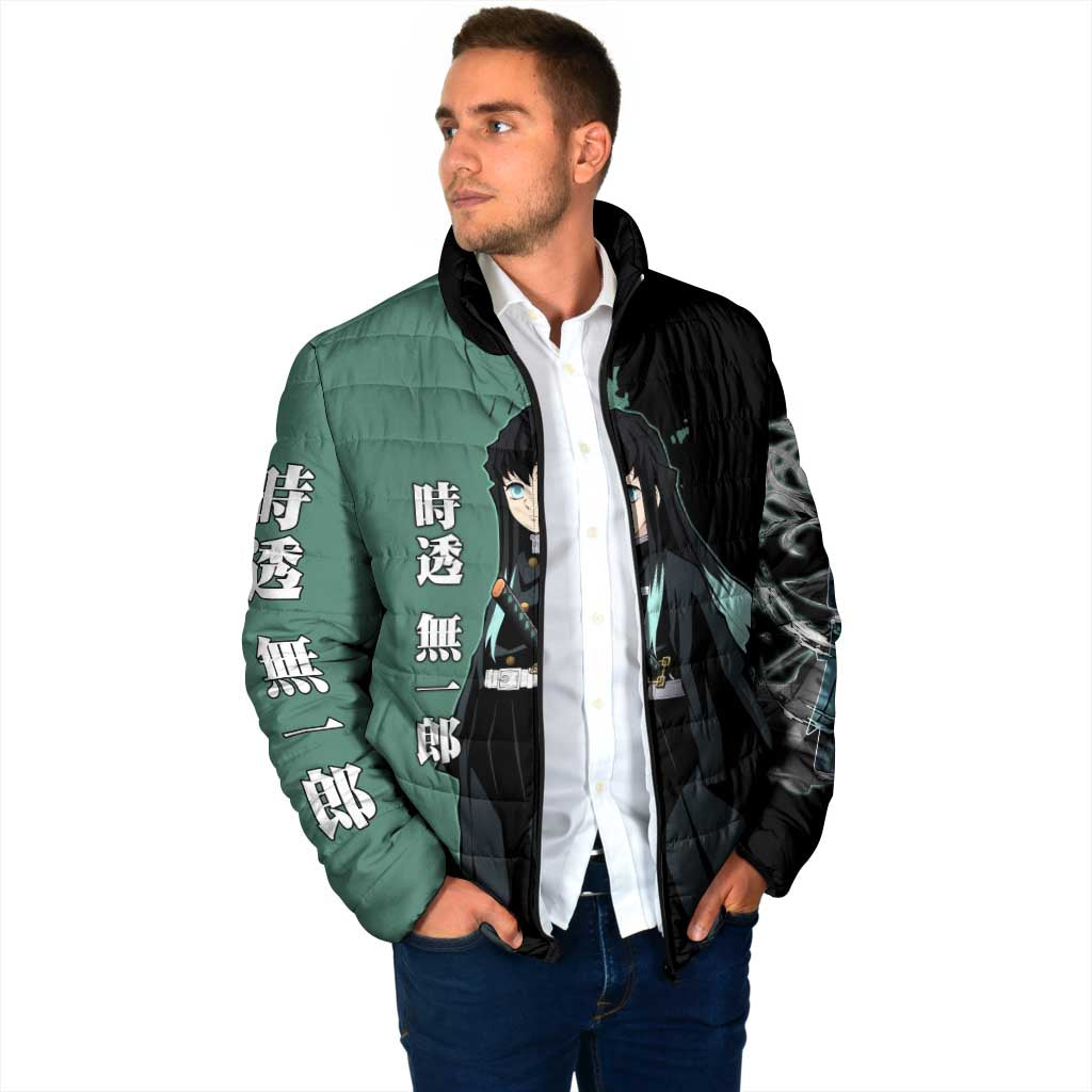 Muichiro Tokito from Demon Slayer Padded Jacket with Green and Black Mist Background and Dual Character Manga Style Design - The Mazicc