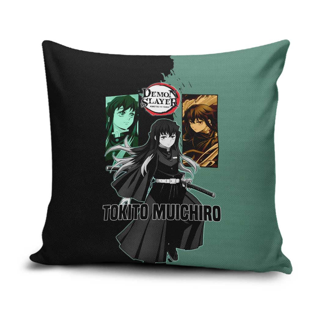 Muichiro Tokito from Demon Slayer Pillow Cover with Green and Black Mist Background and Dual Character Manga Style Design - The Mazicc