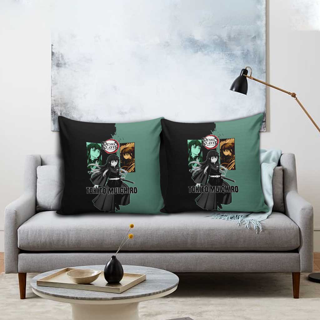 Muichiro Tokito from Demon Slayer Pillow Cover with Green and Black Mist Background and Dual Character Manga Style Design - The Mazicc