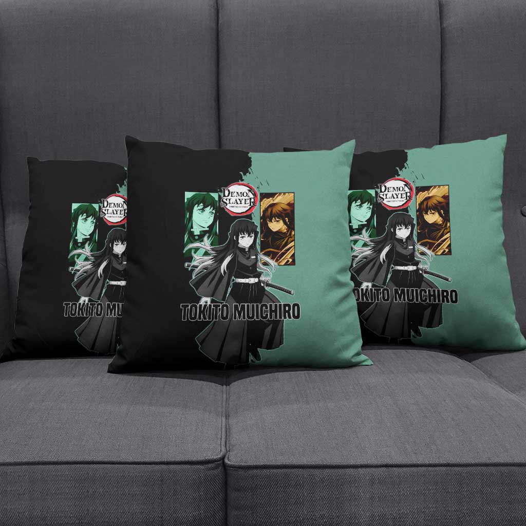 Muichiro Tokito from Demon Slayer Pillow Cover with Green and Black Mist Background and Dual Character Manga Style Design - The Mazicc
