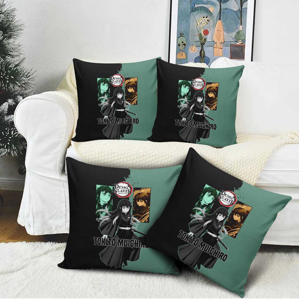 Muichiro Tokito from Demon Slayer Pillow Cover with Green and Black Mist Background and Dual Character Manga Style Design - The Mazicc
