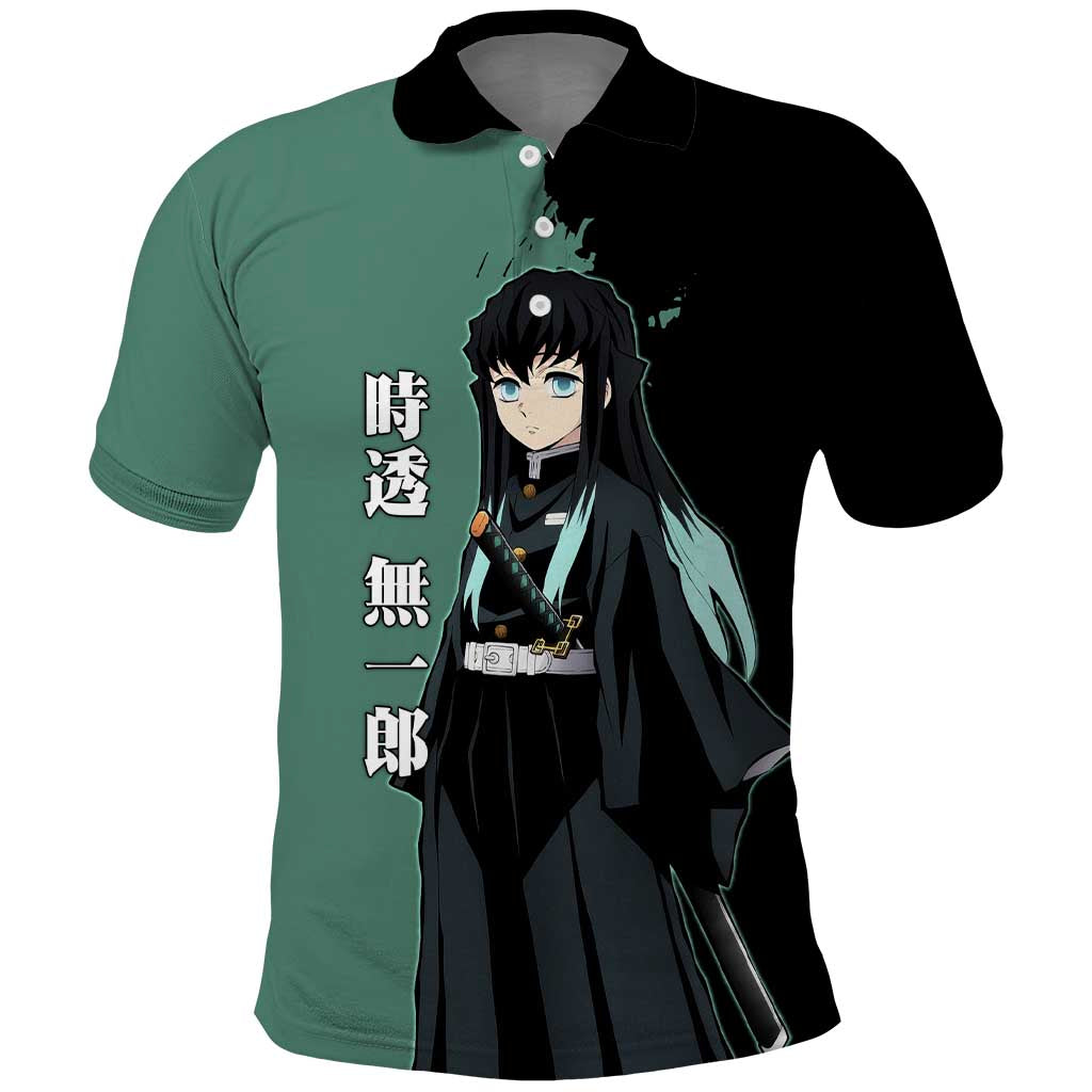 Muichiro Tokito from Demon Slayer Polo Shirt with Green and Black Mist Background and Dual Character Manga Style Design - The Mazicc