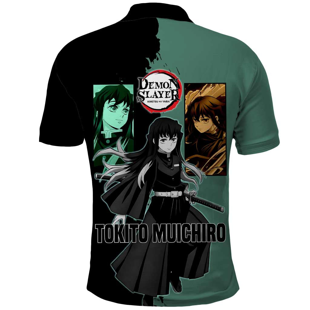 Muichiro Tokito from Demon Slayer Polo Shirt with Green and Black Mist Background and Dual Character Manga Style Design - The Mazicc