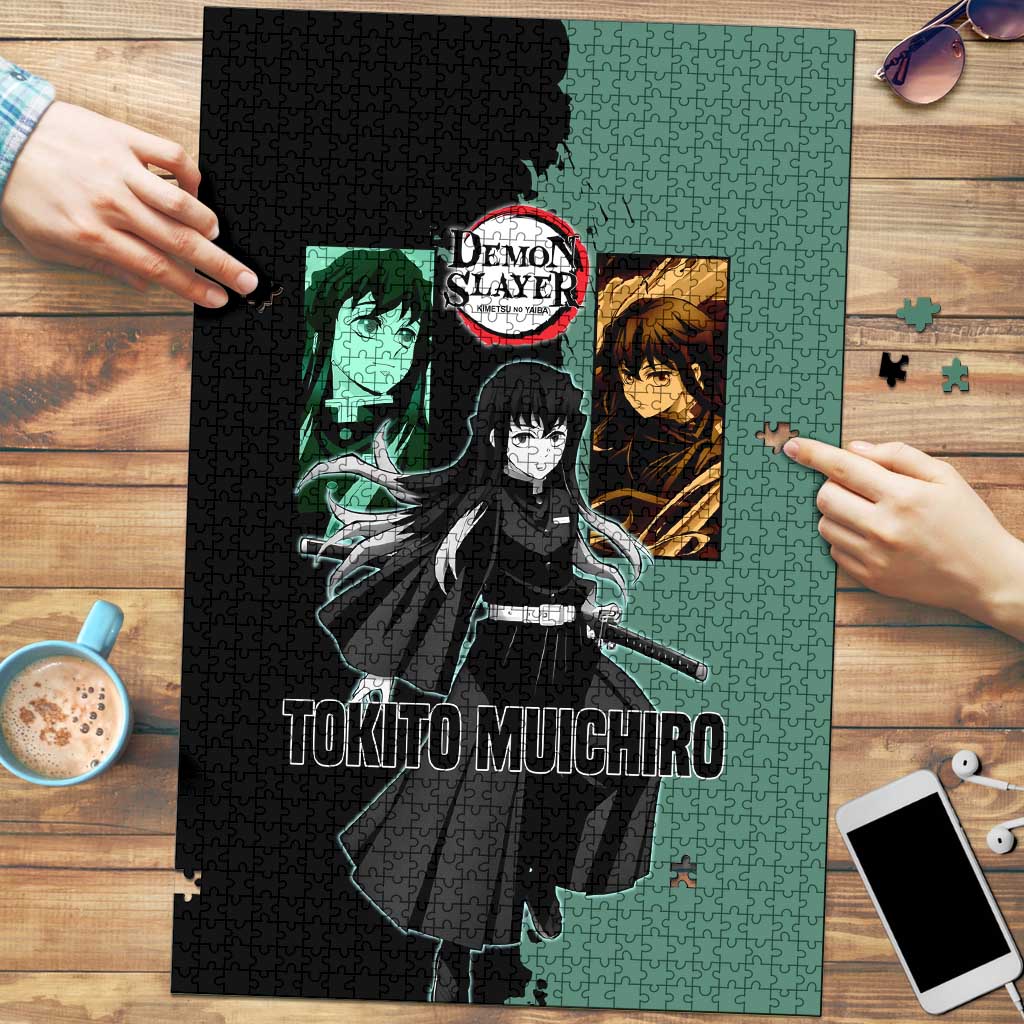 Muichiro Tokito from Demon Slayer Puzzle with Green and Black Mist Background and Dual Character Manga Style Design - The Mazicc