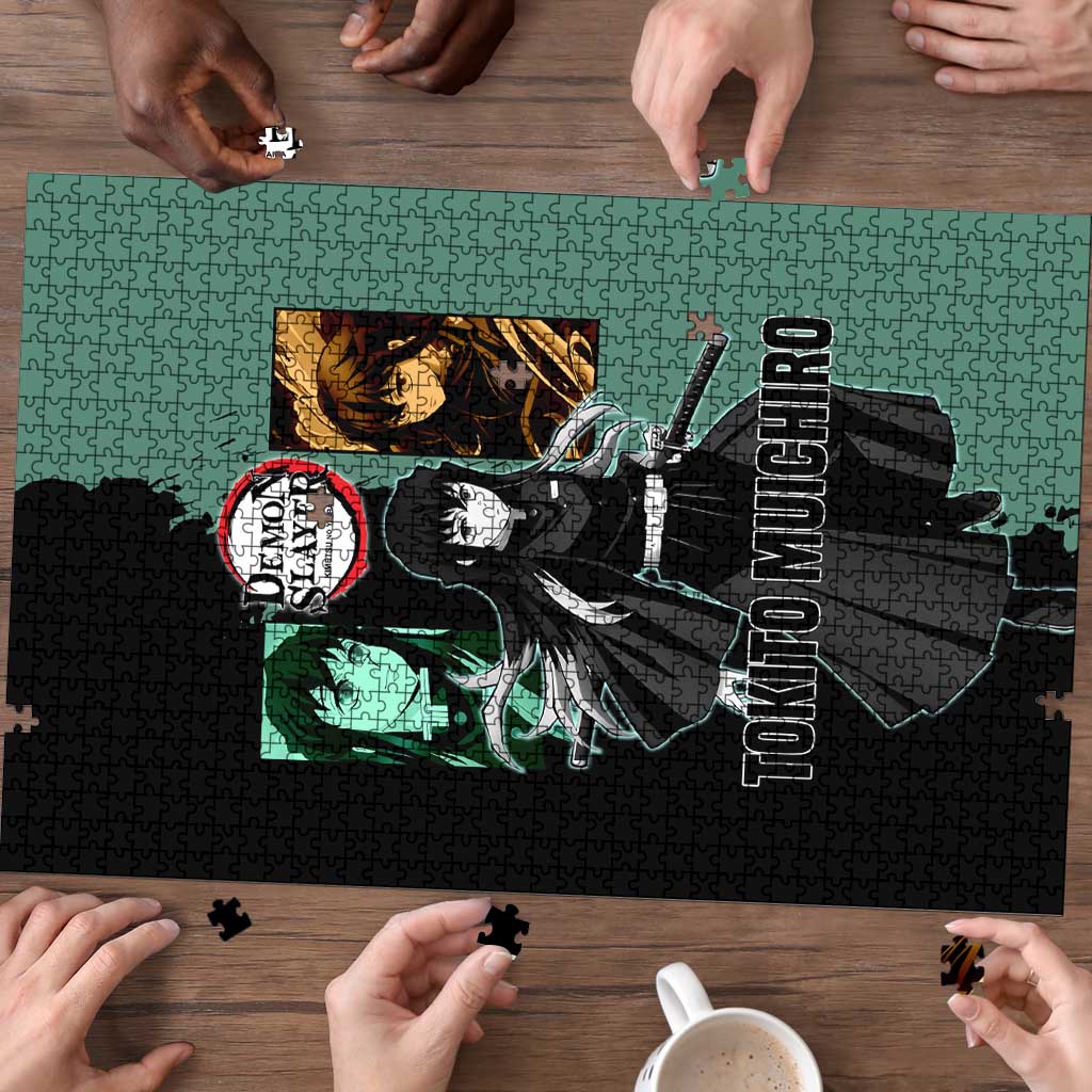 Muichiro Tokito from Demon Slayer Puzzle with Green and Black Mist Background and Dual Character Manga Style Design - The Mazicc