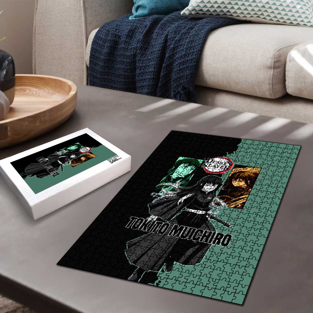 Muichiro Tokito from Demon Slayer Puzzle with Green and Black Mist Background and Dual Character Manga Style Design - The Mazicc