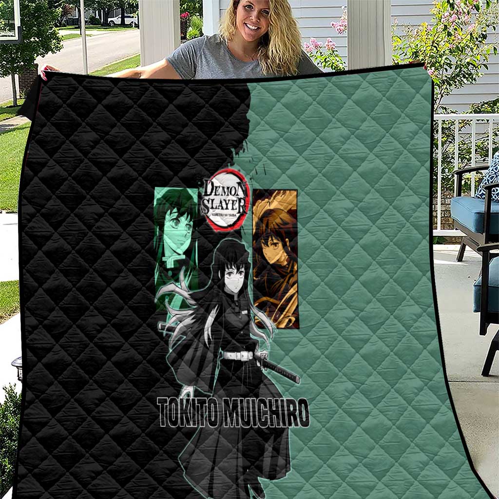 Muichiro Tokito from Demon Slayer Quilt with Green and Black Mist Background and Dual Character Manga Style Design - The Mazicc