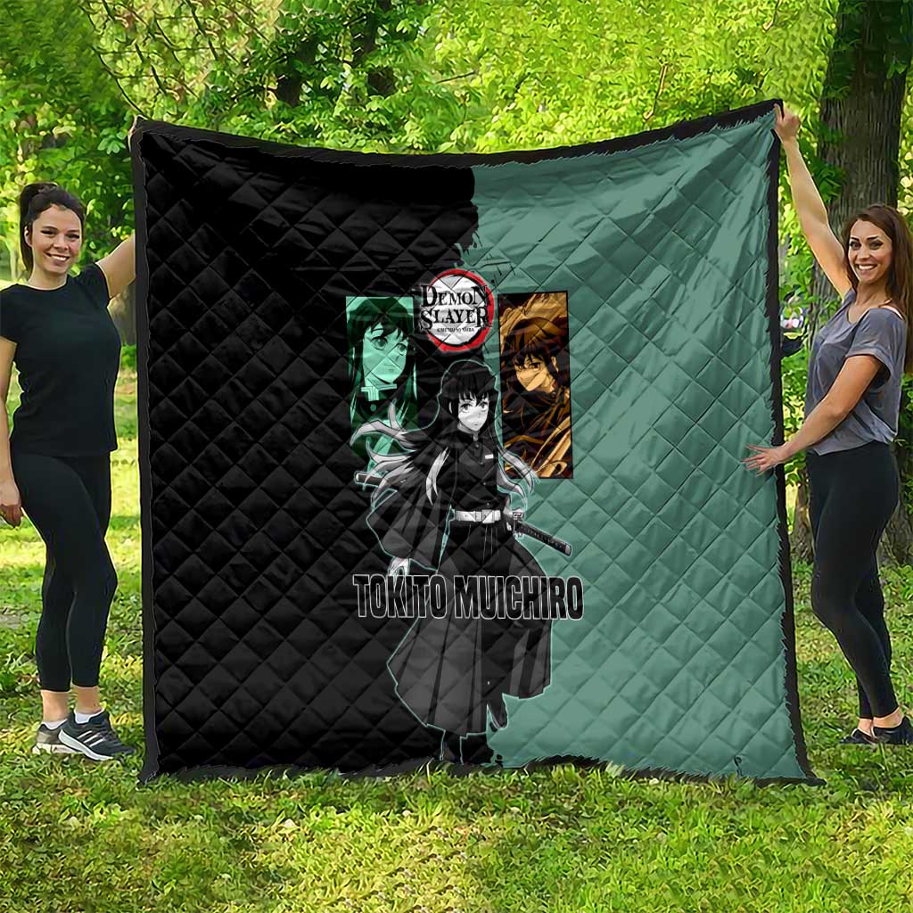 Muichiro Tokito from Demon Slayer Quilt with Green and Black Mist Background and Dual Character Manga Style Design - The Mazicc