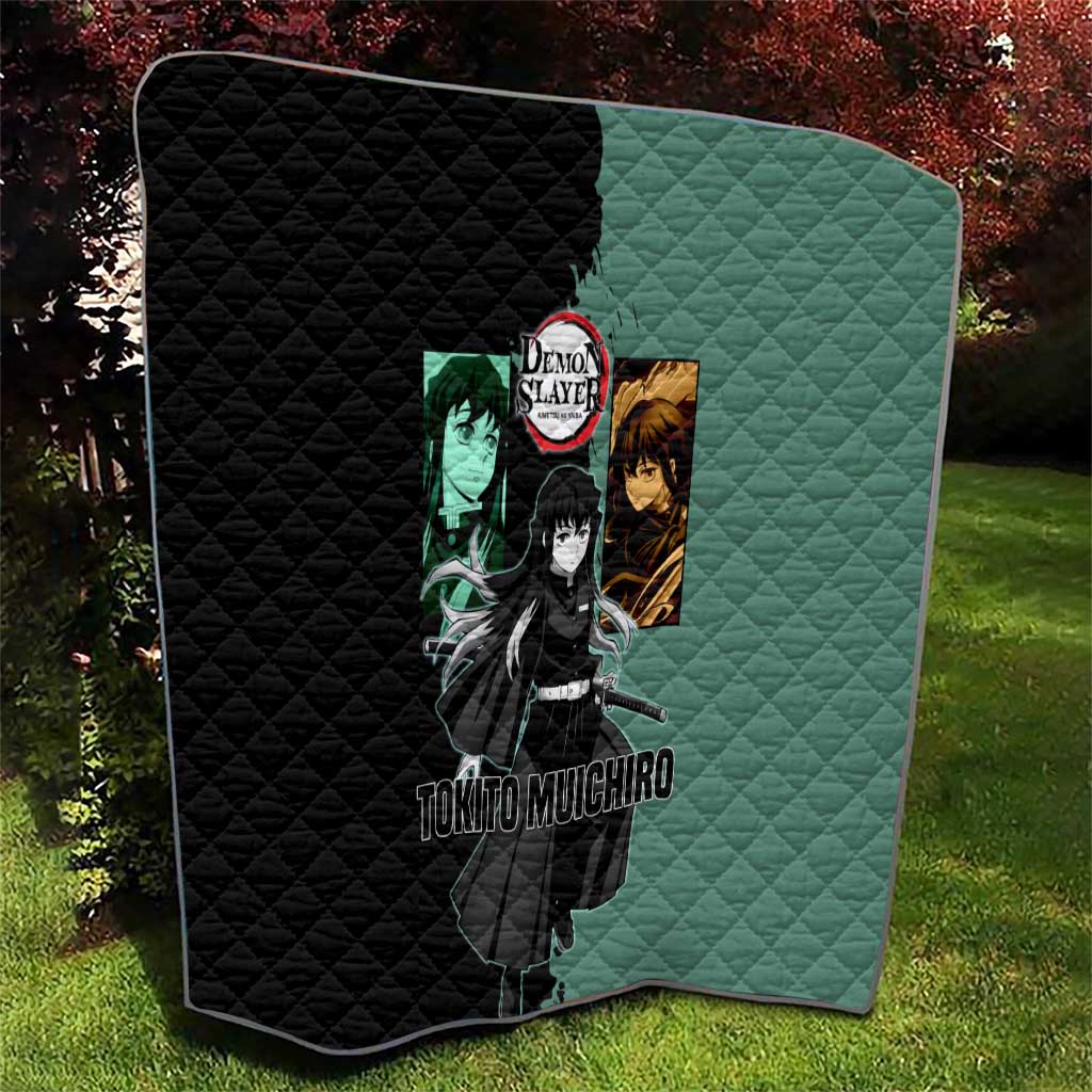 Muichiro Tokito from Demon Slayer Quilt with Green and Black Mist Background and Dual Character Manga Style Design - The Mazicc