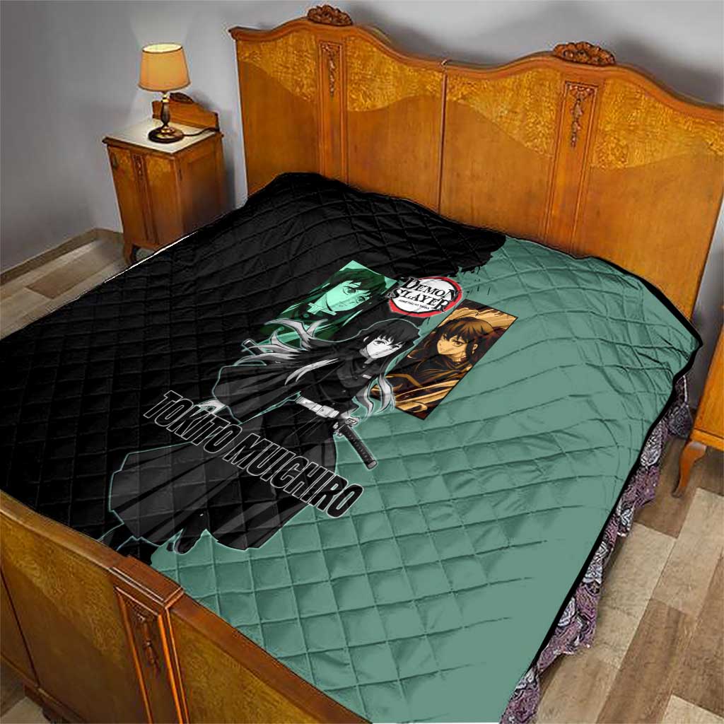Muichiro Tokito from Demon Slayer Quilt with Green and Black Mist Background and Dual Character Manga Style Design - The Mazicc