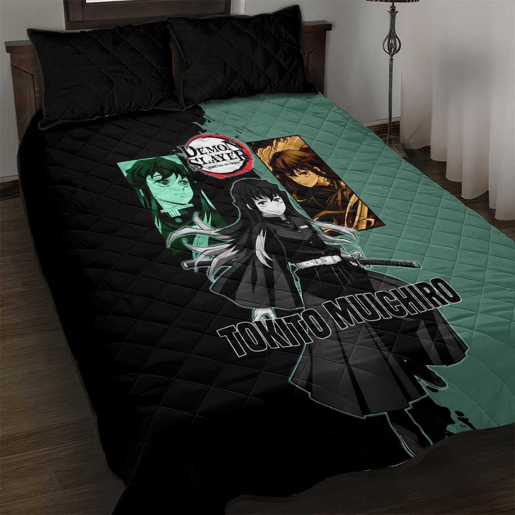 Muichiro Tokito from Demon Slayer Quilt Bed Set with Green and Black Mist Background and Dual Character Manga Style Design - The Mazicc