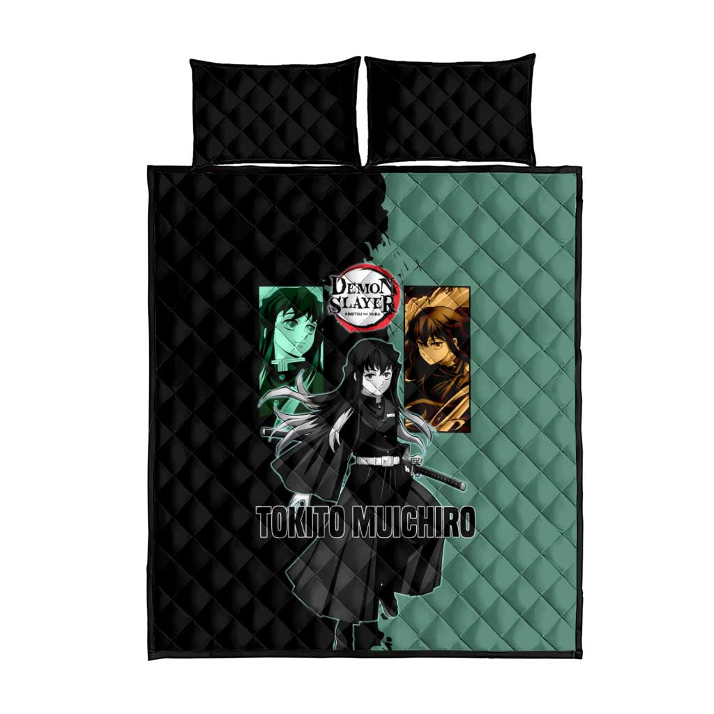 Muichiro Tokito from Demon Slayer Quilt Bed Set with Green and Black Mist Background and Dual Character Manga Style Design - The Mazicc