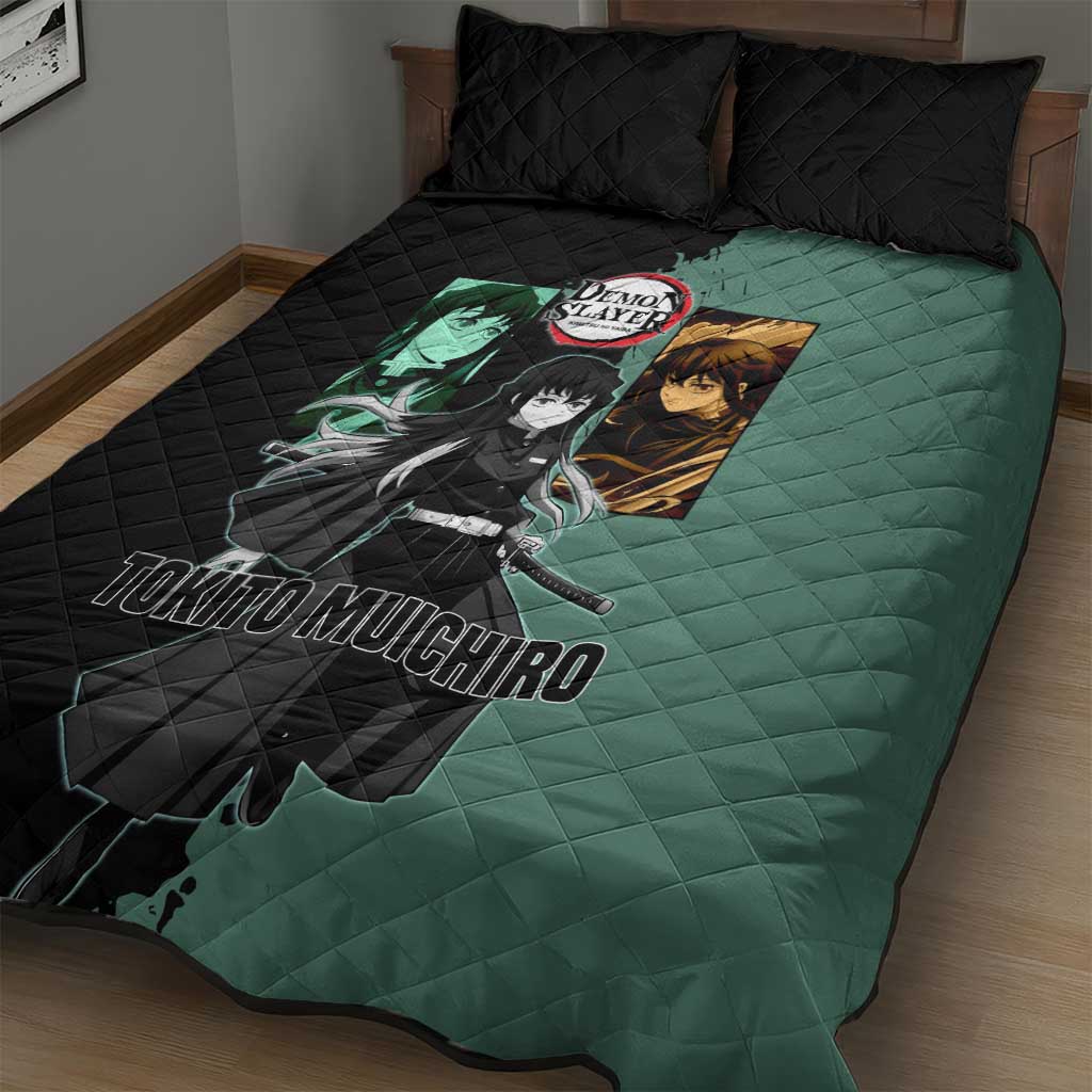 Muichiro Tokito from Demon Slayer Quilt Bed Set with Green and Black Mist Background and Dual Character Manga Style Design - The Mazicc