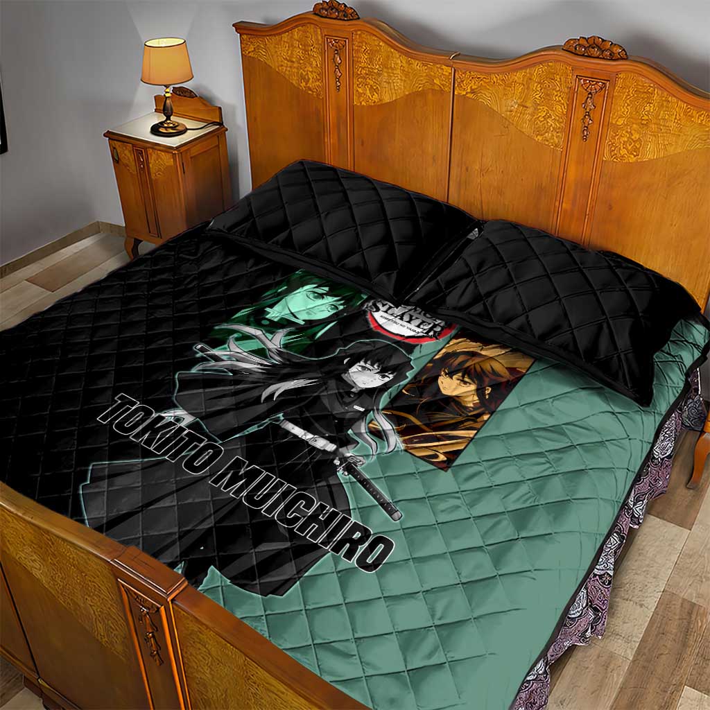 Muichiro Tokito from Demon Slayer Quilt Bed Set with Green and Black Mist Background and Dual Character Manga Style Design - The Mazicc