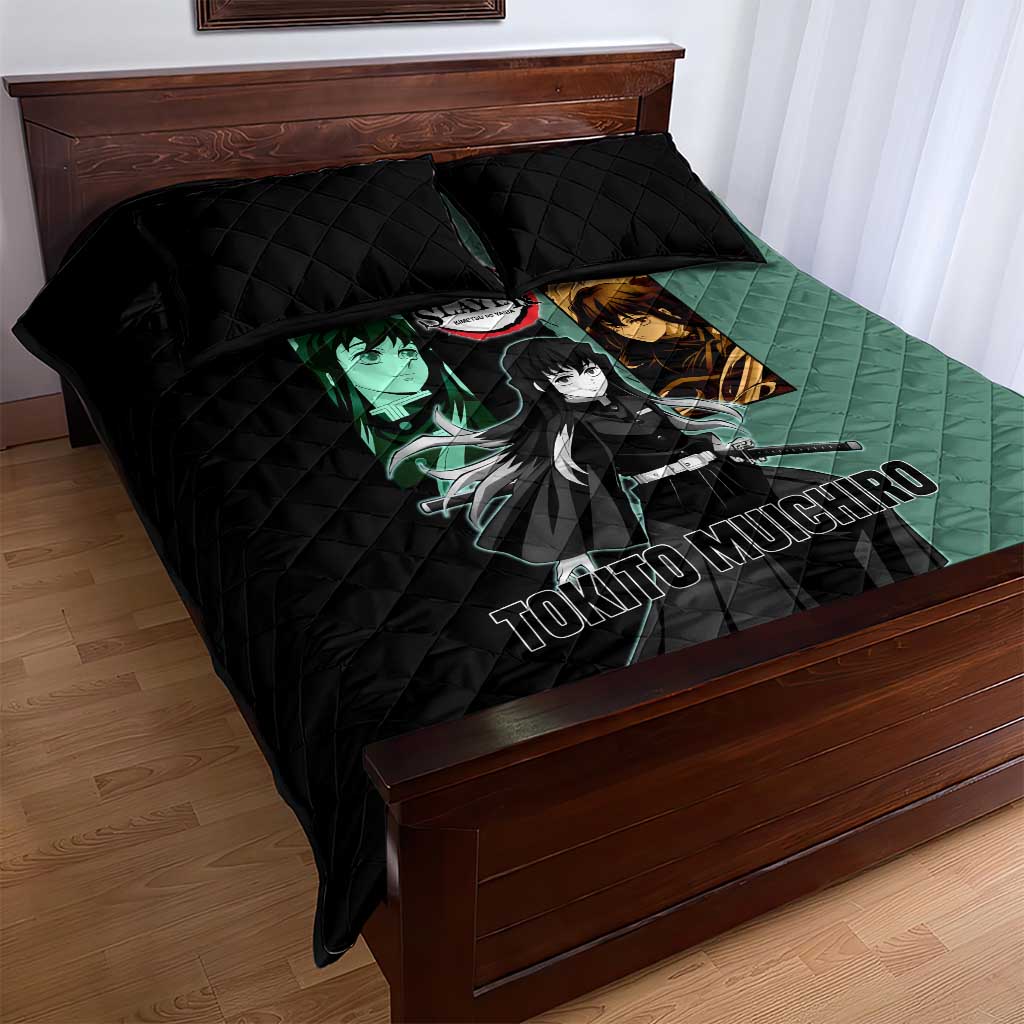Muichiro Tokito from Demon Slayer Quilt Bed Set with Green and Black Mist Background and Dual Character Manga Style Design - The Mazicc