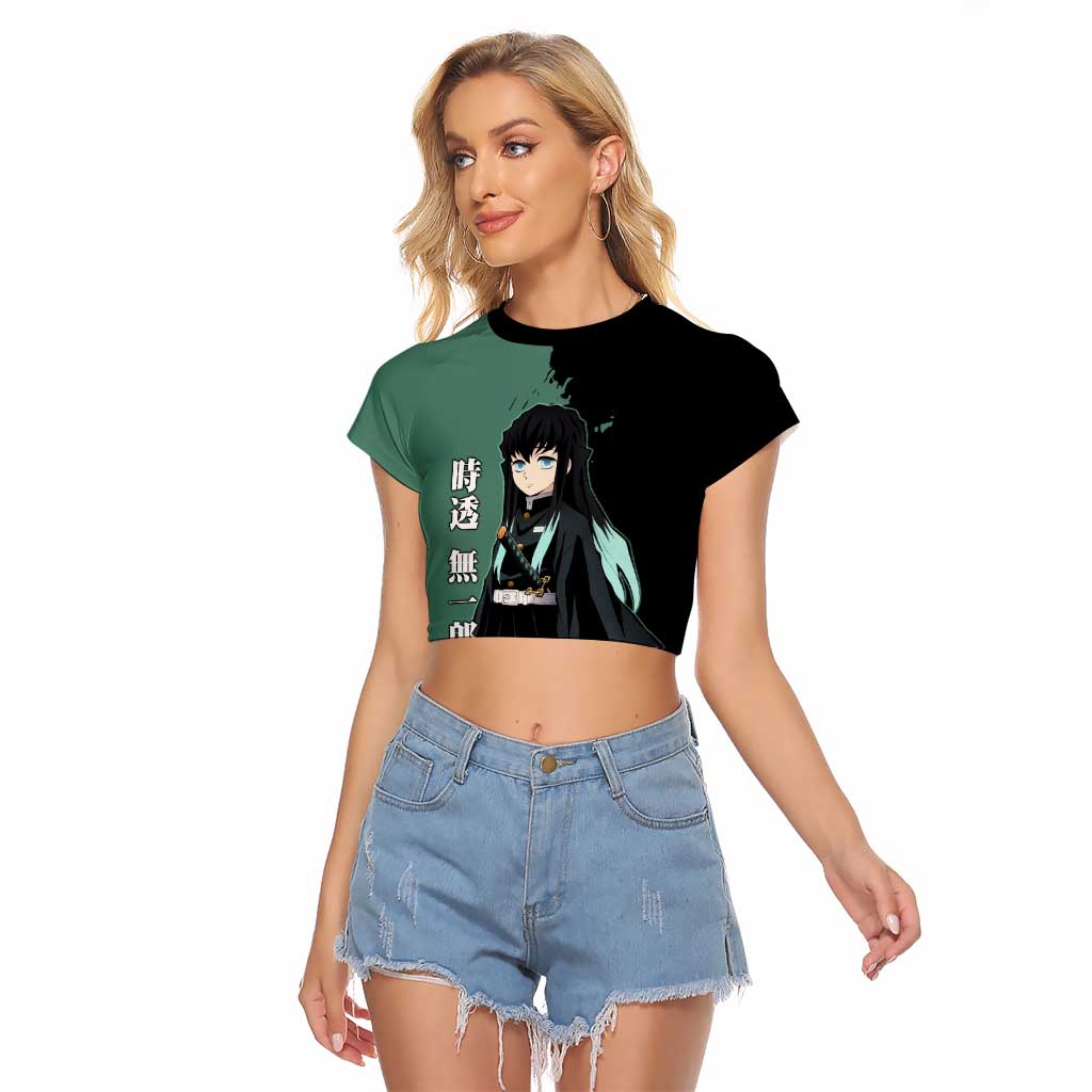 Muichiro Tokito from Demon Slayer Raglan Cropped T Shirt with Green and Black Mist Background and Dual Character Manga Style Design - The Mazicc