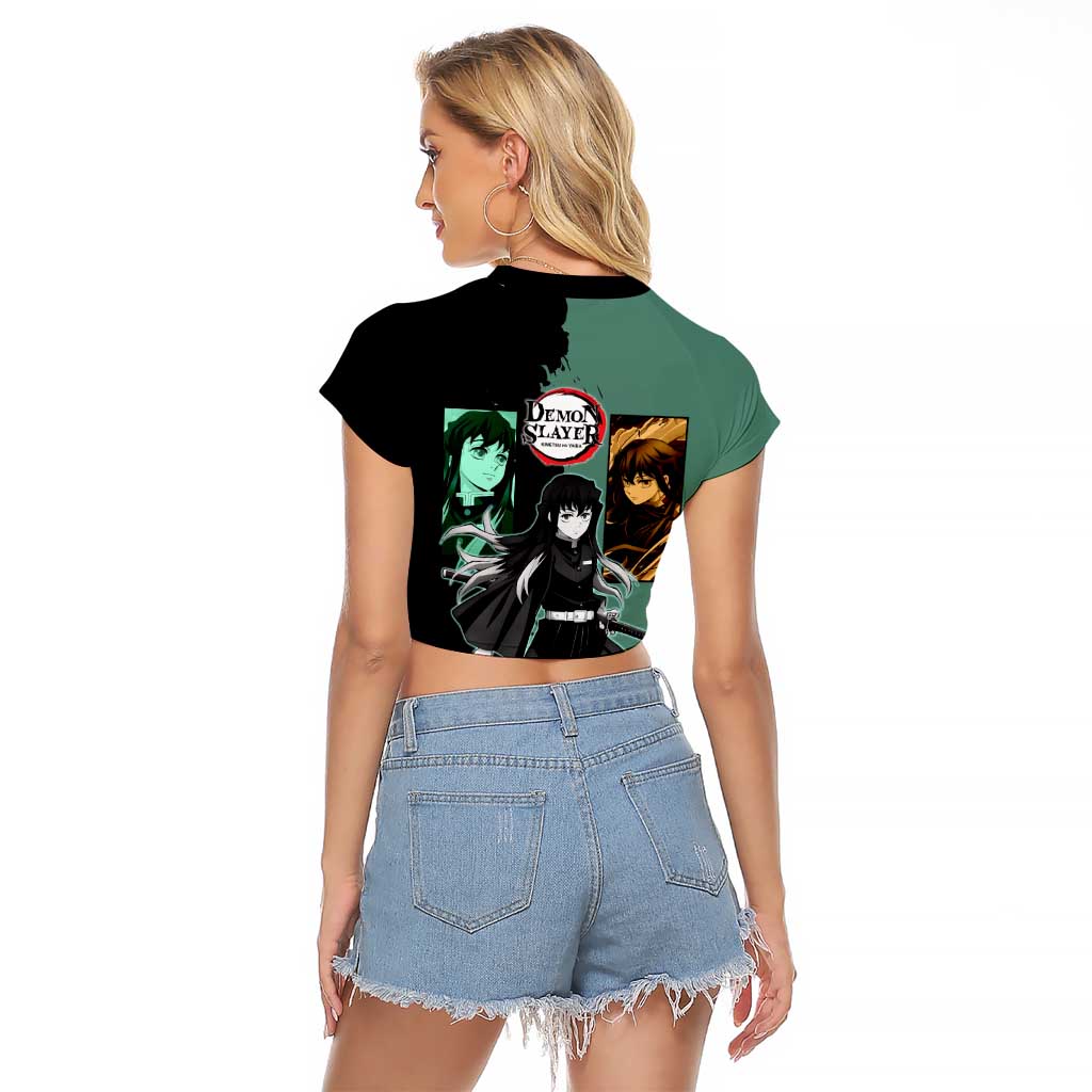 Muichiro Tokito from Demon Slayer Raglan Cropped T Shirt with Green and Black Mist Background and Dual Character Manga Style Design - The Mazicc
