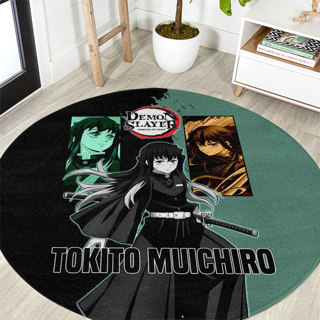 Muichiro Tokito from Demon Slayer Round Carpet with Green and Black Mist Background and Dual Character Manga Style Design - The Mazicc