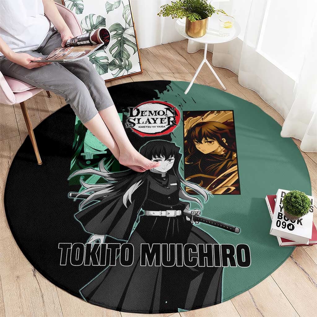 Muichiro Tokito from Demon Slayer Round Carpet with Green and Black Mist Background and Dual Character Manga Style Design - The Mazicc