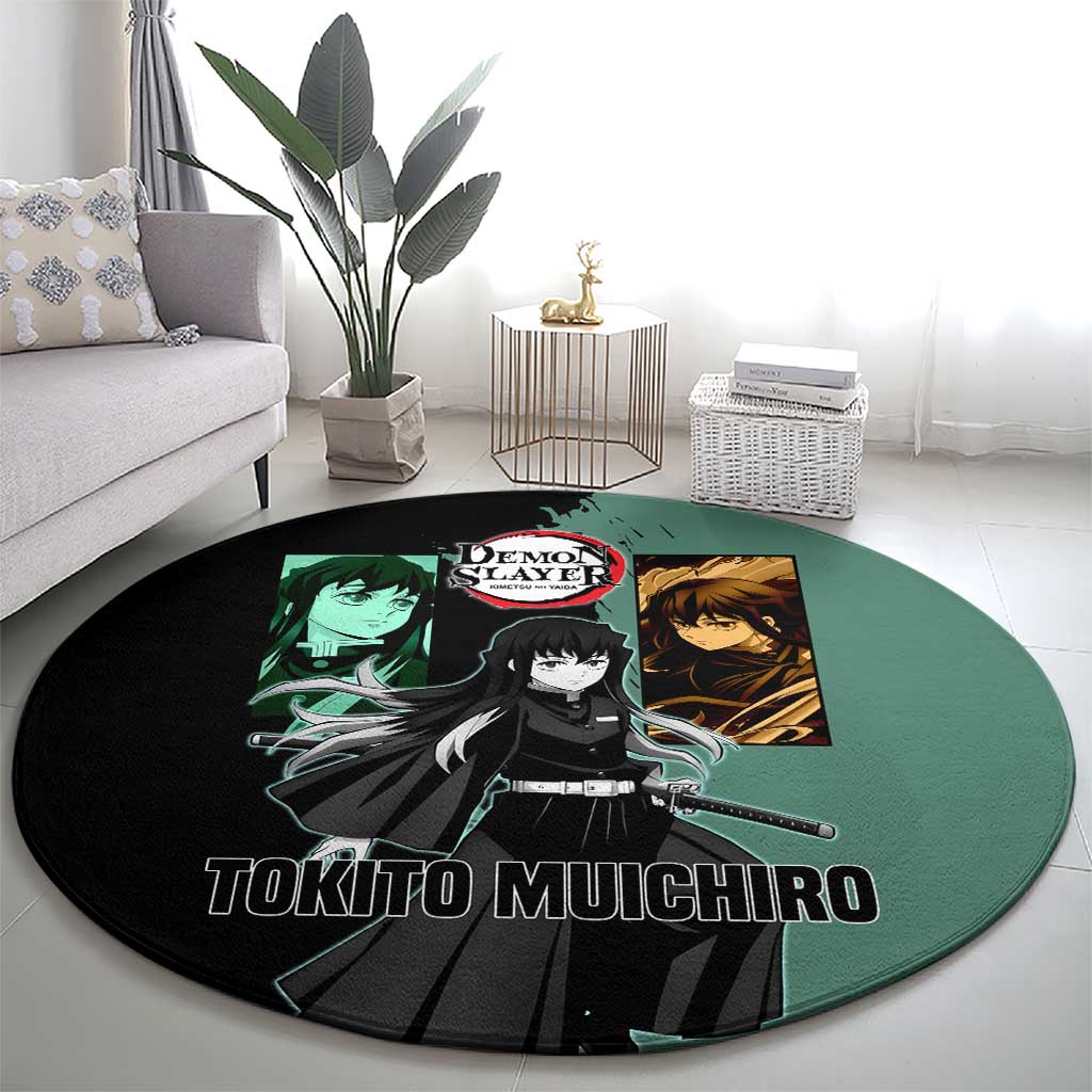 Muichiro Tokito from Demon Slayer Round Carpet with Green and Black Mist Background and Dual Character Manga Style Design - The Mazicc